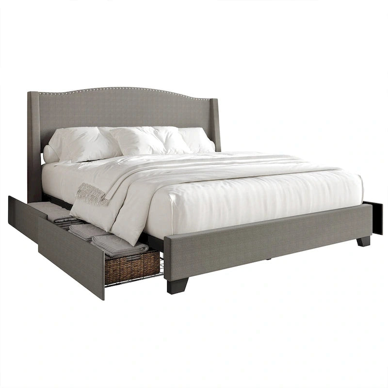 Letto imbottito Wingback con borchie cromate e cassetti contenitore