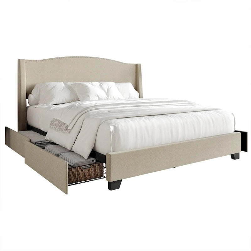 Letto imbottito Wingback con borchie cromate e cassetti contenitore