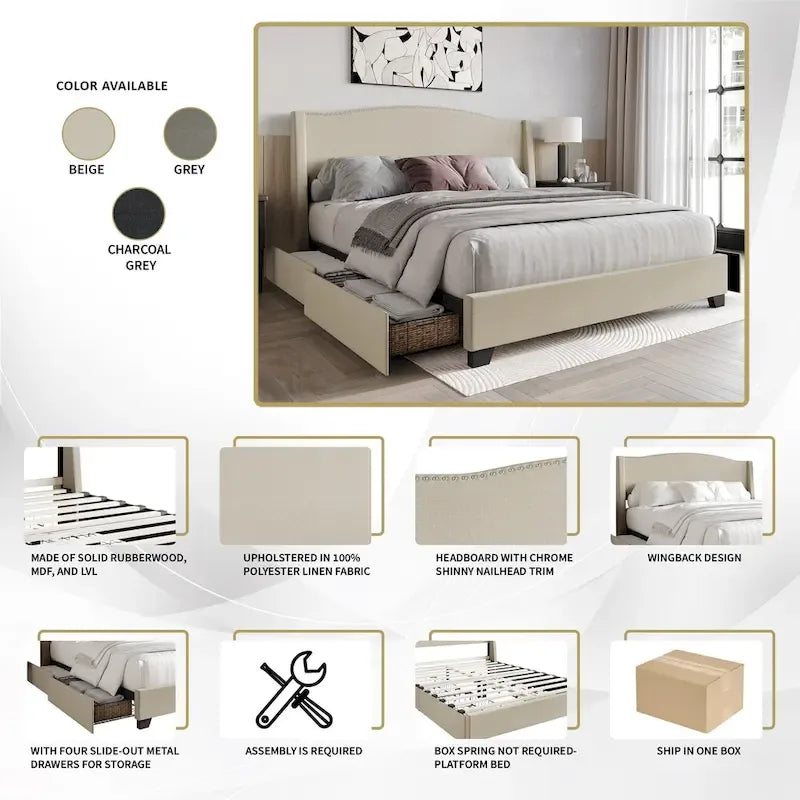 Letto imbottito Wingback con borchie cromate e cassetti contenitore