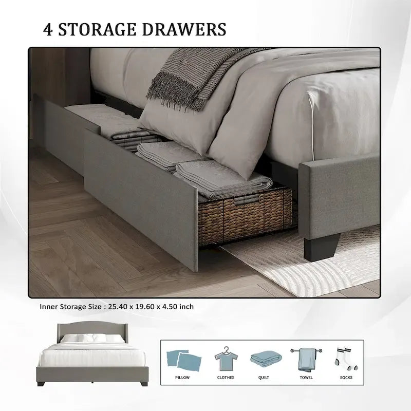 Letto imbottito Wingback con borchie cromate e cassetti contenitore