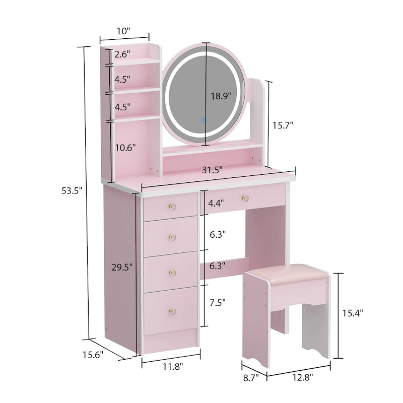 Set Tavolo da Trucco con Specchio Illuminato a 5 Cassetti (ROSA/NERO) - 52H