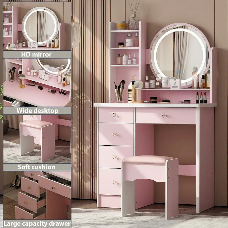 Set Tavolo da Trucco con Specchio Illuminato a 5 Cassetti (ROSA/NERO) - 52H