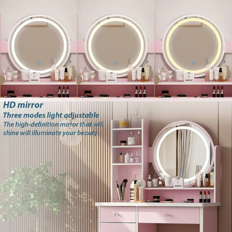 Set Tavolo da Trucco con Specchio Illuminato a 5 Cassetti (ROSA/NERO) - 52H