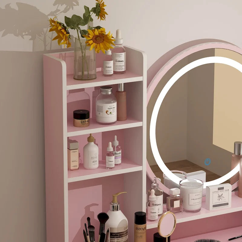 Set Tavolo da Trucco con Specchio Illuminato a 5 Cassetti (ROSA/NERO) - 52H