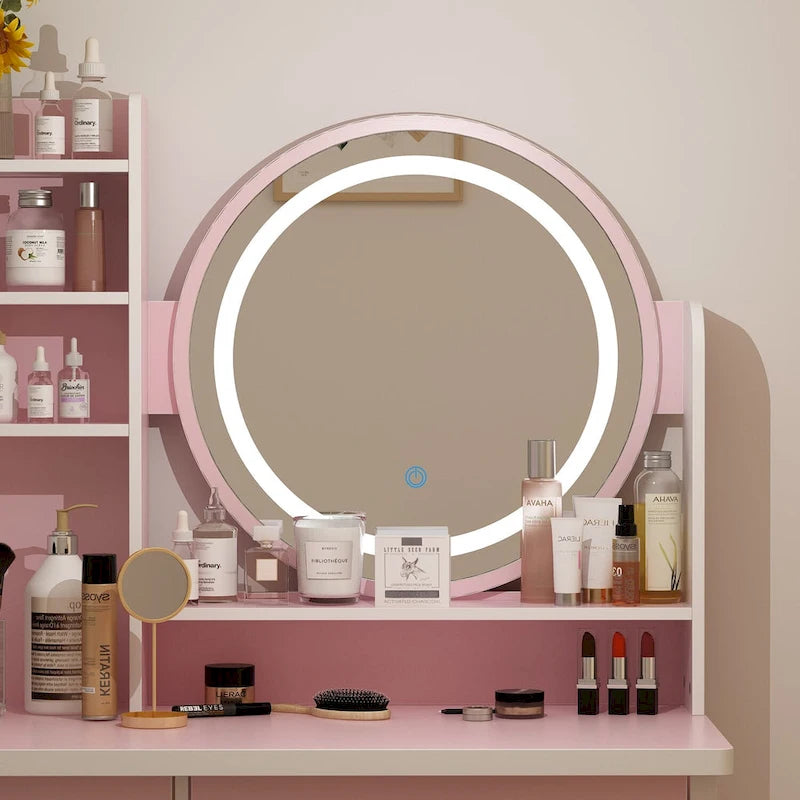 Set Tavolo da Trucco con Specchio Illuminato a 5 Cassetti (ROSA/NERO) - 52H