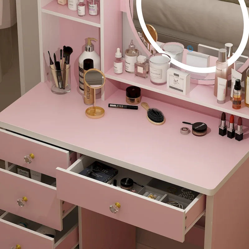 Set Tavolo da Trucco con Specchio Illuminato a 5 Cassetti (ROSA/NERO) - 52H