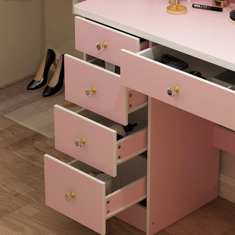 Set Tavolo da Trucco con Specchio Illuminato a 5 Cassetti (ROSA/NERO) - 52H