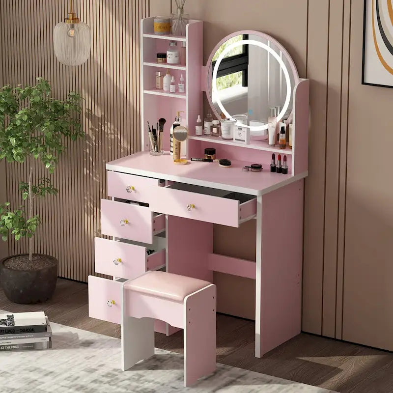 Set Tavolo da Trucco con Specchio Illuminato a 5 Cassetti (ROSA/NERO) - 52H