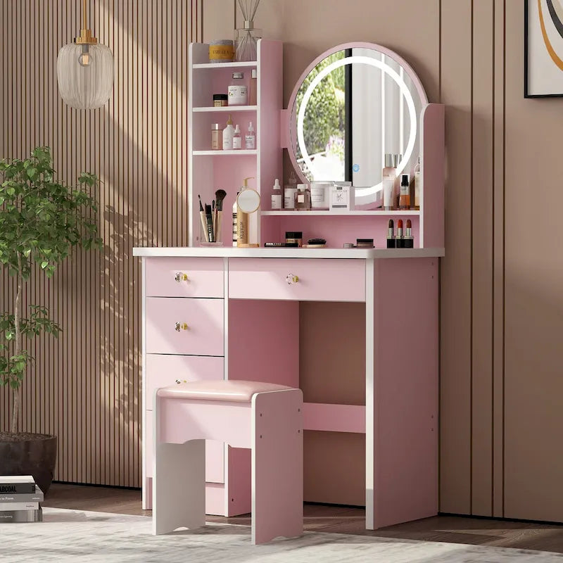 Set Tavolo da Trucco con Specchio Illuminato a 5 Cassetti (ROSA/NERO) - 52H