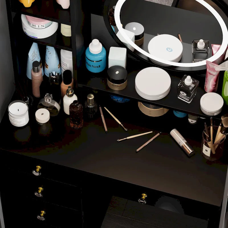 Set Tavolo da Trucco con Specchio Illuminato a 5 Cassetti (ROSA/NERO) - 52H