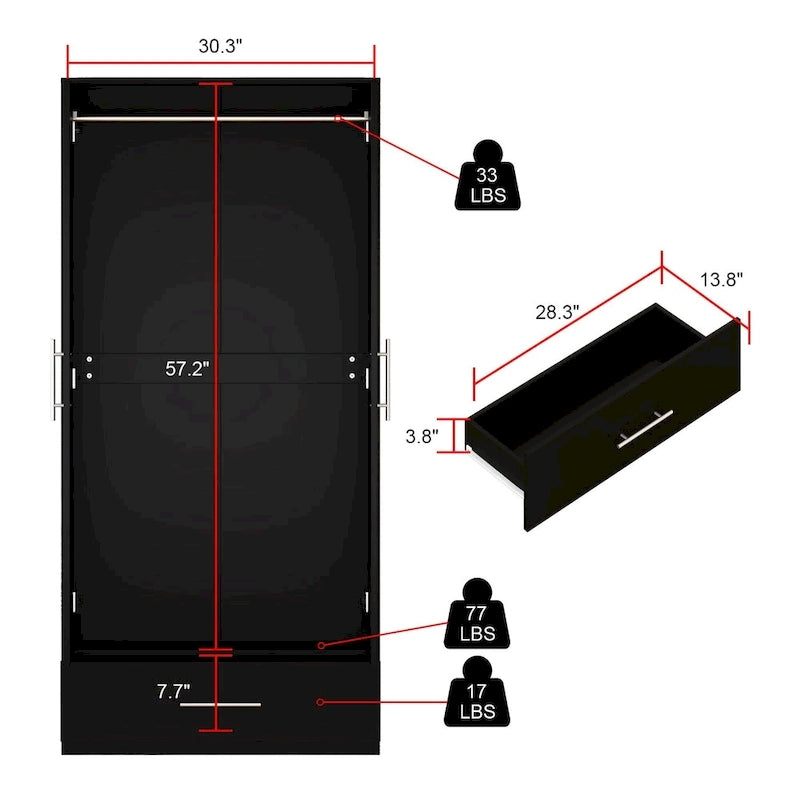 Armadio a 2 ante con cassetto e asta appendiabiti