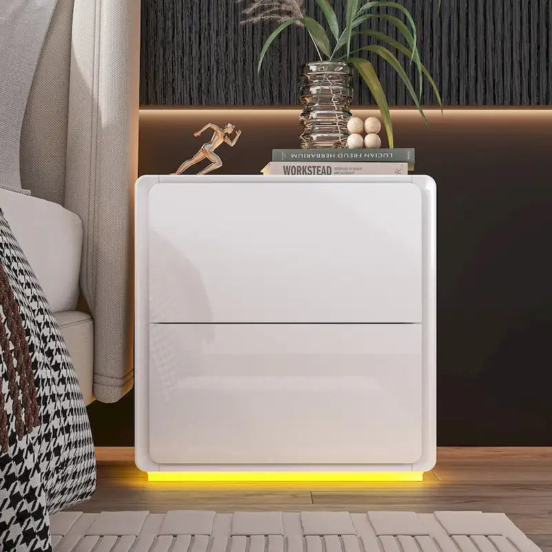 Comodini Moderni a LED Bianchi Lucidi con 2 Cassetti