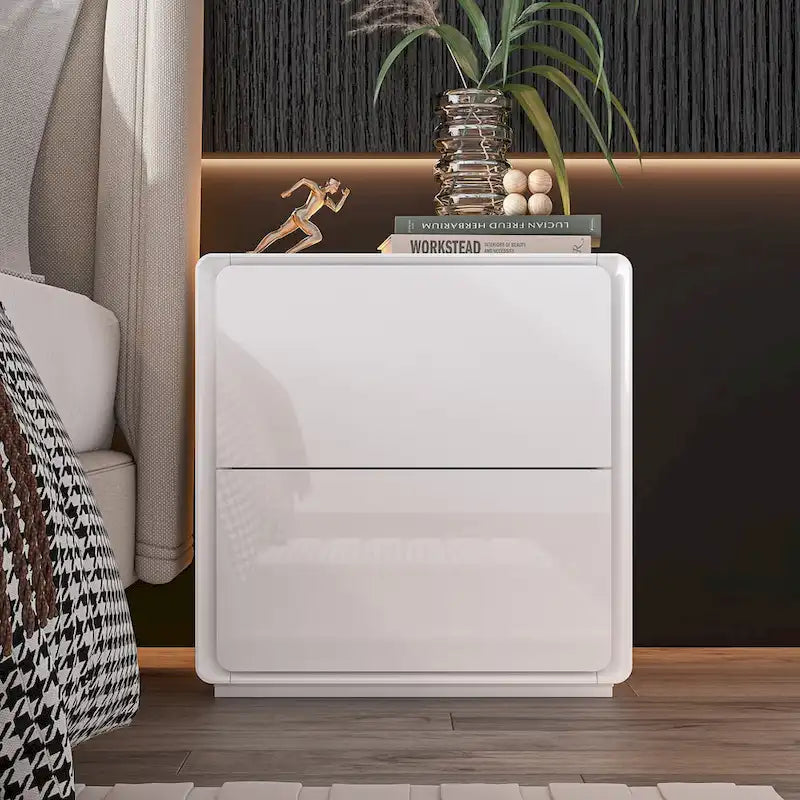 Comodini Moderni a LED Bianchi Lucidi con 2 Cassetti
