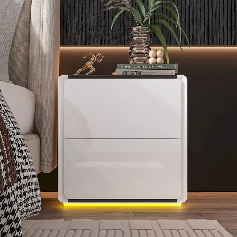 Comodini Moderni a LED Bianchi Lucidi con 2 Cassetti