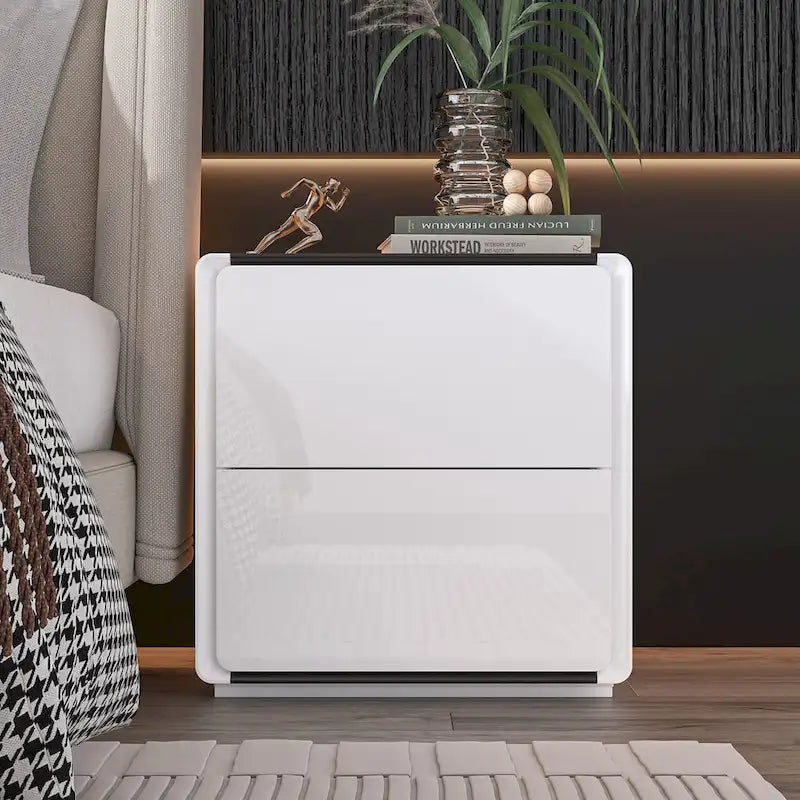 Comodini Moderni a LED Bianchi Lucidi con 2 Cassetti
