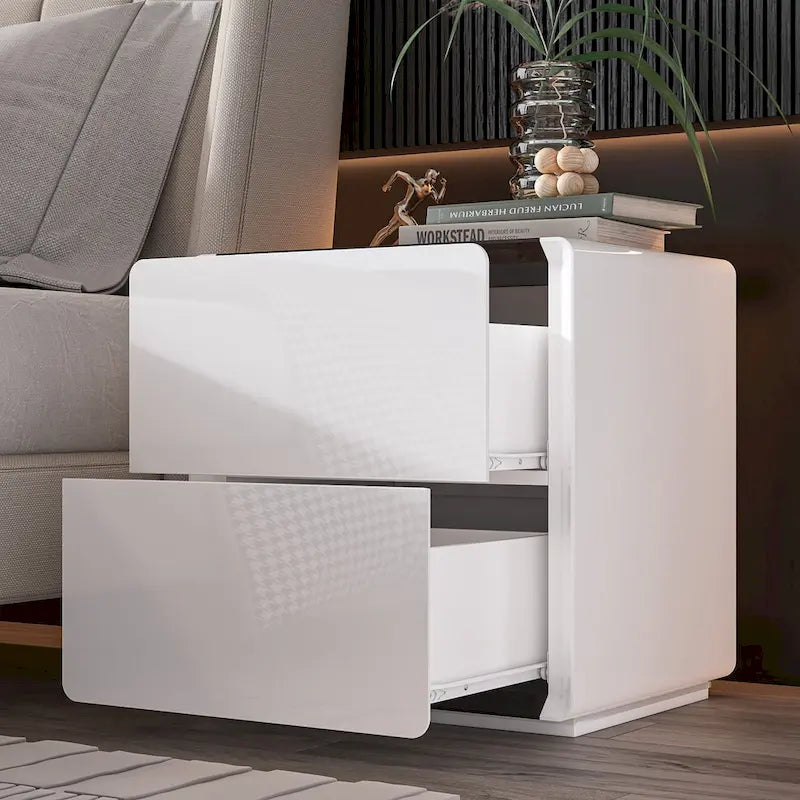Comodini Moderni a LED Bianchi Lucidi con 2 Cassetti
