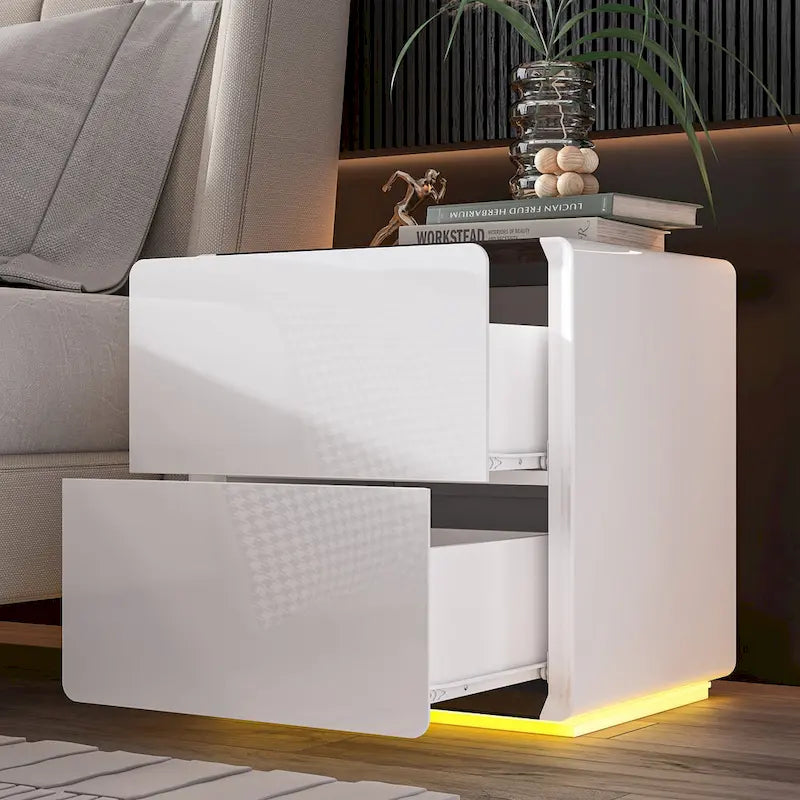 Comodini Moderni a LED Bianchi Lucidi con 2 Cassetti