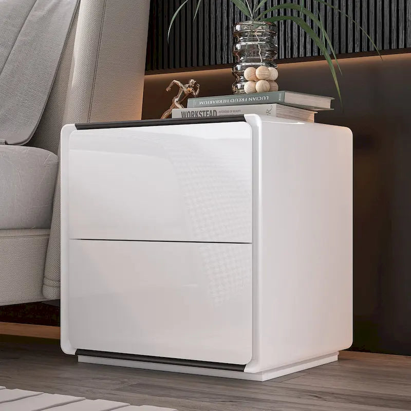 Comodini Moderni a LED Bianchi Lucidi con 2 Cassetti