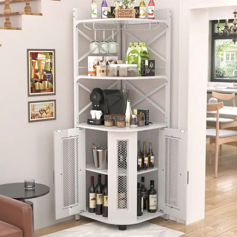 Mobile bar ad angolo con stazione di ricarica e luce d'atmosfera, mensole porta-liquori con portabicchieri - Marrone
