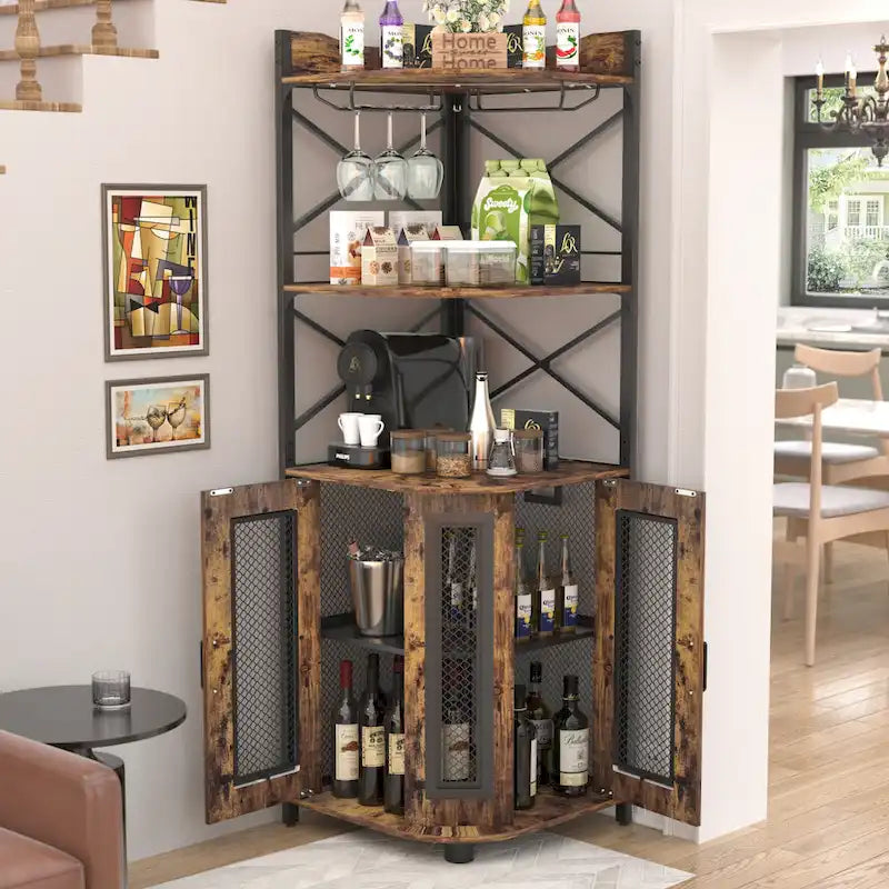 Mobile bar ad angolo con stazione di ricarica e luce d'atmosfera, mensole porta-liquori con portabicchieri - Marrone