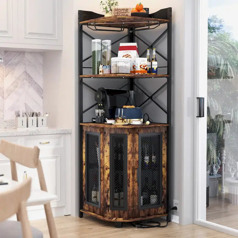 Mobile bar ad angolo con stazione di ricarica e luce d'atmosfera, mensole porta-liquori con portabicchieri - Marrone