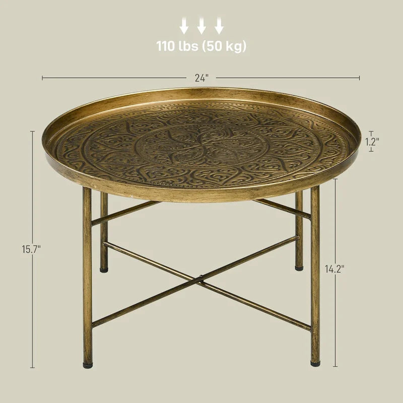 Tavolino da caffè rotondo da 60 cm con vassoio superiore martellato - metallo vintage