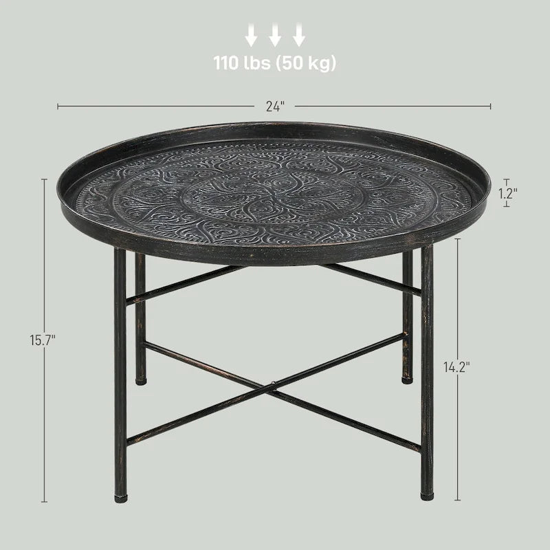 Tavolino da caffè rotondo da 60 cm con vassoio superiore martellato - metallo vintage