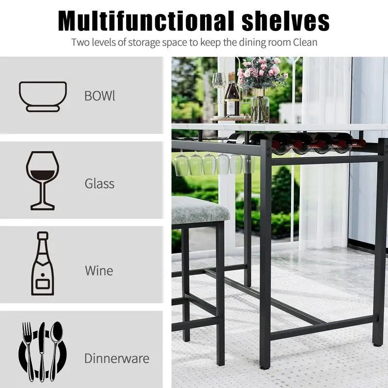 Set da Pranzo 3 Pezzi per 2 con 2 Sedie Imbottite