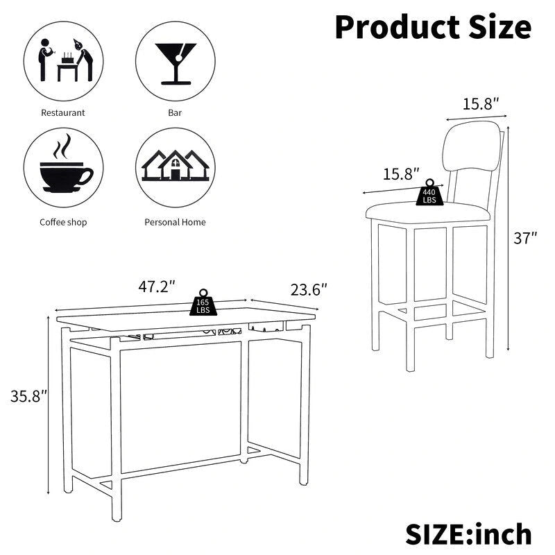 Set da Pranzo 3 Pezzi per 2 con 2 Sedie Imbottite