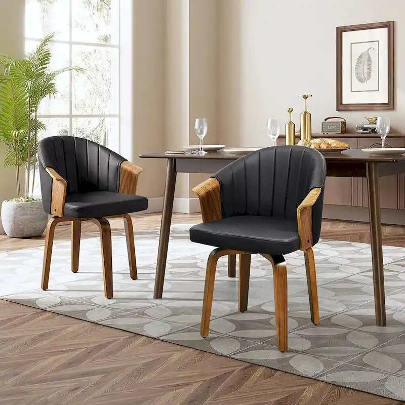 Sedie girevoli da pranzo in legno curvato e pelle PU, set da 2