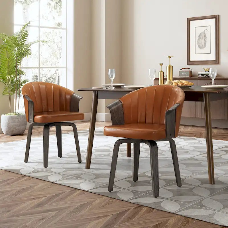 Sedie girevoli da pranzo in legno curvato e pelle PU, set da 2