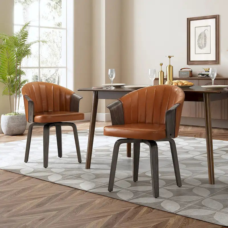 Sedie girevoli da pranzo in legno curvato e pelle PU, set da 2
