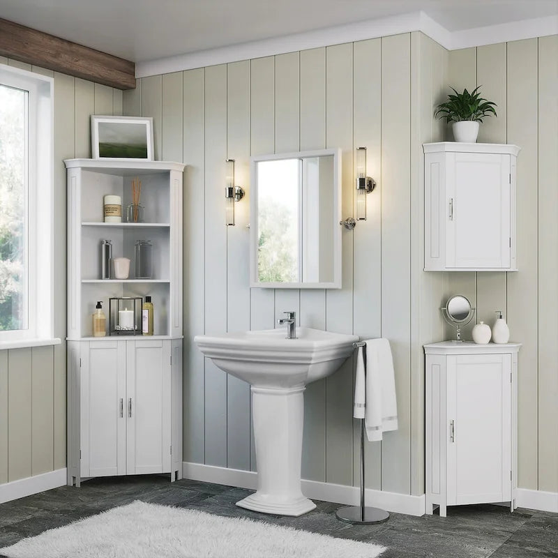 Mobile angolare per bagno a terra con ante e ripiano regolabile - Bianco